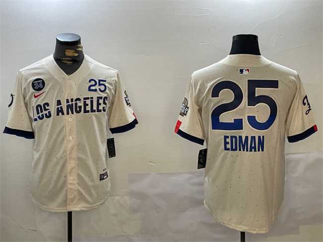 Men%27s Los Angeles Dodgers #25 Tommy Edman Cream 2024 World Series With Fernando Memorial Patch City Connect Limited Stitched Jersey->los angeles dodgers->MLB Jersey